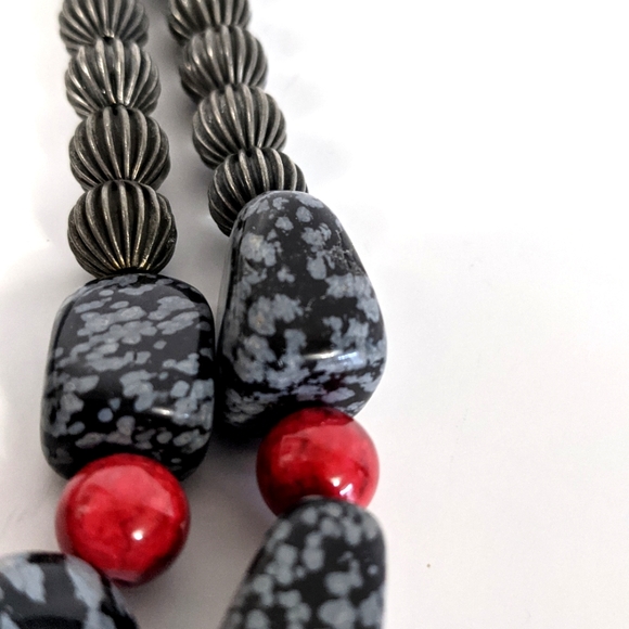 Handmade Gemstone Necklace Double Strand Black Red Grey Semiprecious Obsidian - Picture 5 of 6